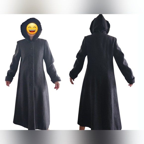 Worthington Long Wool Womens Trench Coat 10 P Rabbit Fur Trim Hooded Gray Vtg - Picture 1 of 15